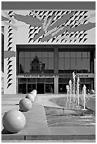 McEnery convention center and reflection of San Jose Civic Auditorium. San Jose, California, USA (black and white)