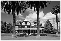 Palm trees and mansion facade. Winchester Mystery House, San Jose, California, USA ( black and white)