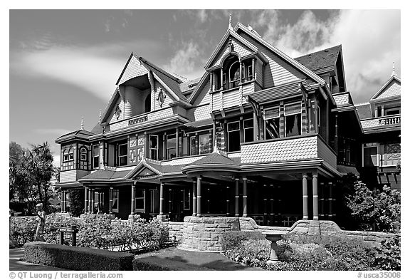 Facade, morning. Winchester Mystery House, San Jose, California, USA (black and white)
