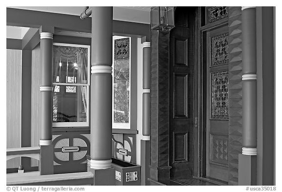 Entrance porch. Winchester Mystery House, San Jose, California, USA (black and white)