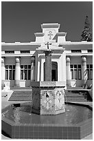 Fountain and temple, Rosicrucian Park. San Jose, California, USA ( black and white)