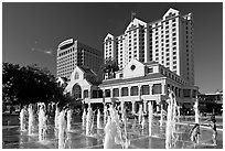 Fountain on Plaza de Cesar Chavez and Fairmont Hotel. San Jose, California, USA ( black and white)