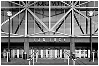 Facade of HP pavilion with San Jose sign. San Jose, California, USA (black and white)