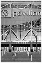 Facade of HP pavilion with San Jose sign, sunset. San Jose, California, USA (black and white)
