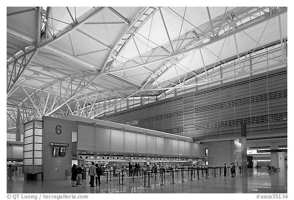 San Francisco International Airport interior. California, USA (black and white)