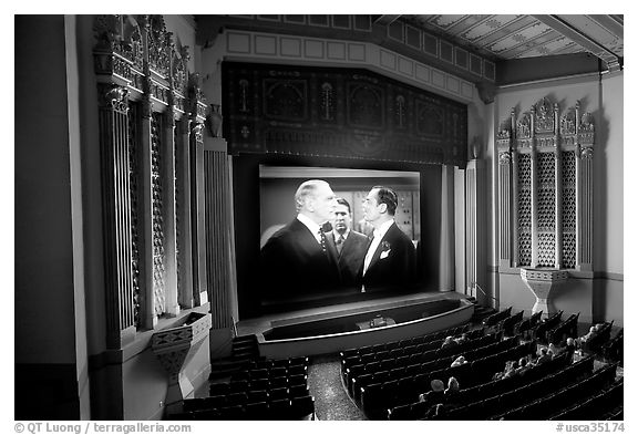 Classic black and white movie showing in Stanford Theatre. Palo Alto, SF Bay area, California, USA