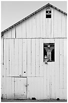 Figures in barn window and cats, Rancho San Antonio Preserve, Los Altos. California, USA (black and white)