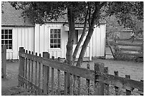 Fence and  Happy Hollow Farm, Rancho San Antonio Open Space Preserve, Los Altos. California, USA (black and white)
