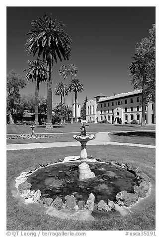 Fountain and lawn near mission, Santa Clara University. Santa Clara,  California, USA (black and white)