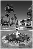 Fountain and lawn near mission, Santa Clara University. Santa Clara,  California, USA ( black and white)
