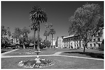 Fountain and gardens near mission, Santa Clara University. Santa Clara,  California, USA (black and white)