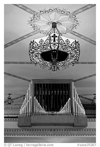 Organ and lamp, Mission Santa Clara de Asis. Santa Clara,  California, USA (black and white)