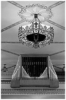 Organ and lamp, Mission Santa Clara de Asis. Santa Clara,  California, USA ( black and white)