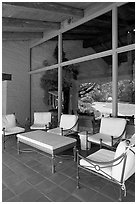 Chairs and coffee table on porch, Sunset Gardens. Menlo Park,  California, USA ( black and white)