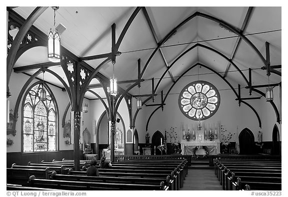 Nativity Church Interior and stained glass. Menlo Park,  California, USA (black and white)