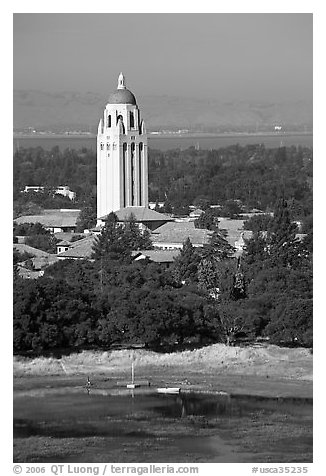 Hoover Tower, Campus, and Lake Lagunata, afternoon. Stanford University, California, USA (black and white)