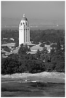 Hoover Tower, Campus, and Lake Lagunata, afternoon. Stanford University, California, USA (black and white)