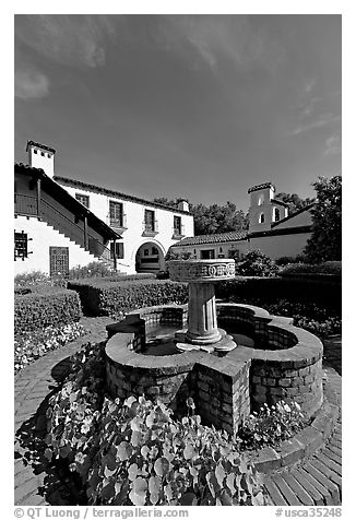 Fountain and garden, Allied Arts Guild. Menlo Park,  California, USA (black and white)