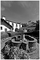 Fountain and garden, Allied Arts Guild. Menlo Park,  California, USA (black and white)