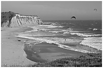 Beach and kite surfers from above, Scott Creek Beach. California, USA (black and white)