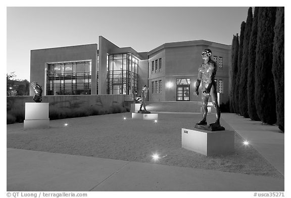 Rodin sculpture garden and Cantor Art Center, dusk. Stanford University, California, USA (black and white)