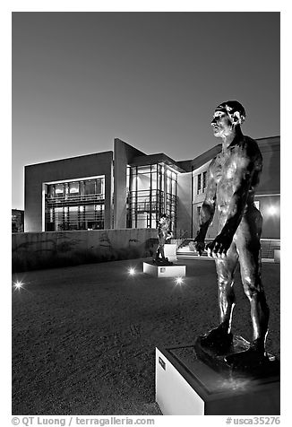 Rodin sculpture and Cantor Museum at night. Stanford University, California, USA