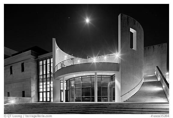 Iris and  Gerald Cantor Center for Visual Arts at night with moon. Stanford University, California, USA (black and white)