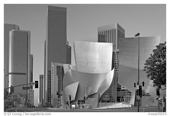Walt Disney Concert Hall and high rise towers. Los Angeles, California, USA