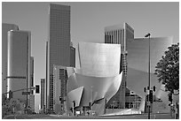 Walt Disney Concert Hall and high rise towers. Los Angeles, California, USA ( black and white)