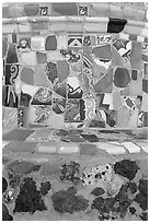 Close-up showing found objects used to decorate the Watts Towers. Watts, Los Angeles, California, USA (black and white)
