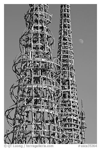Watts towers and moon. Watts, Los Angeles, California, USA