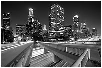Bridge, Harbor Freeway, and skyline at night. Los Angeles, California, USA (black and white)