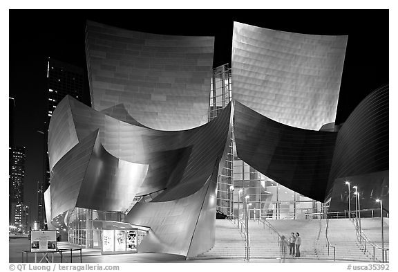 Entrance of the Walt Disney Concert Hall at night. Los Angeles, California, USA (black and white)