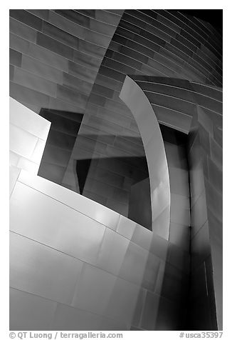 Steel curves of the Walt Disney Concert Hall at night. Los Angeles, California, USA