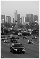 Freeway and skyline, early morning. Los Angeles, California, USA (black and white)