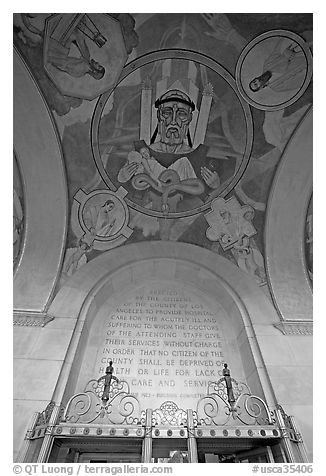 Fresco and dedication in the lobby of the Los Angeles County Hospital. Los Angeles, California, USA (black and white)