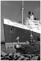 Queen Mary and Scorpion submarine. Long Beach, Los Angeles, California, USA ( black and white)