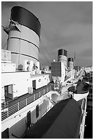 Smokestacks and liferafts, Queen Mary. Long Beach, Los Angeles, California, USA (black and white)