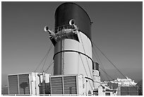 Chimneys and air input grids on the Queen Mary liner. Long Beach, Los Angeles, California, USA ( black and white)
