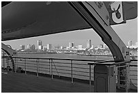 Skyline of Long Beach, seen from the deck of the Queen Mary. Long Beach, Los Angeles, California, USA (black and white)