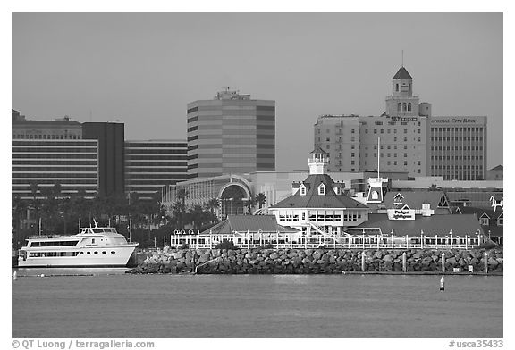 Parkers Lighthouse and skyline. Long Beach, Los Angeles, California, USA (black and white)