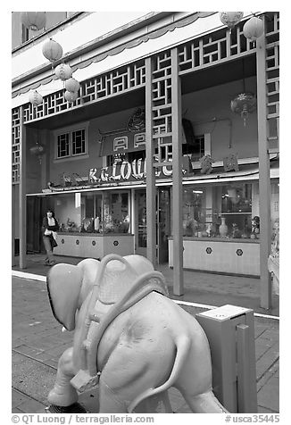 Pink toy elephant and storefront, Chinatown. Los Angeles, California, USA