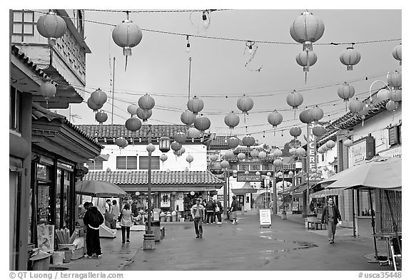 Lanterns and pedestrian street in rainy weather,  Chinatown. Los Angeles, California, USA