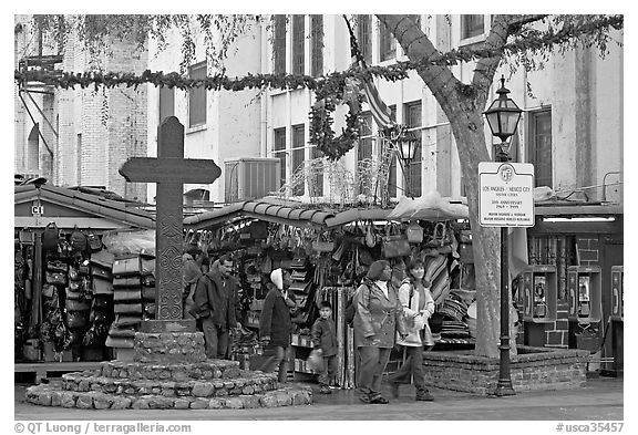 Stalls on Olvera Street, El Pueblo historic district. Los Angeles, California, USA (black and white)