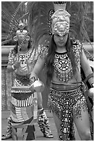 Aztec dancers performing, El Pueblo historic district. Los Angeles, California, USA (black and white)