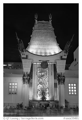 Main gate of Grauman Chinese Theatre at night. Hollywood, Los Angeles, California, USA (black and white)