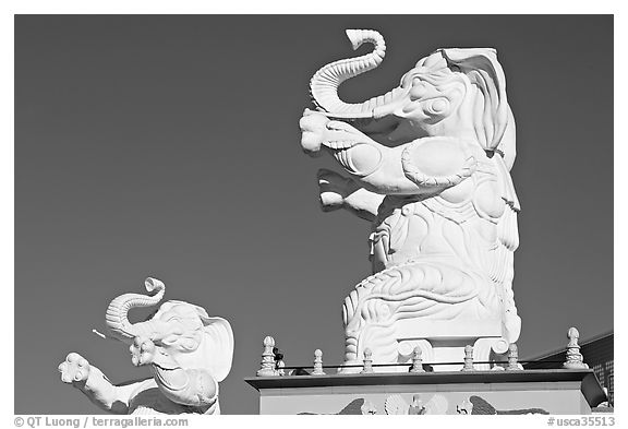 White elephants inspired by  the set of the Griffith movie Intolerance. Hollywood, Los Angeles, California, USA (black and white)