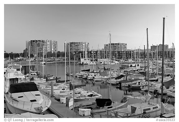 Yachts and appartment buildings at sunrise. Marina Del Rey, Los Angeles, California, USA (black and white)