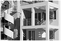 Facade of beach houses with spiral staircase. Santa Monica, Los Angeles, California, USA (black and white)