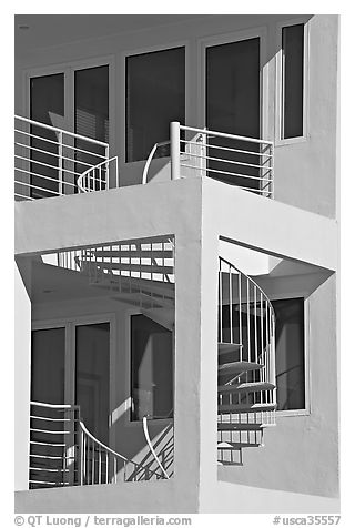 Spiral staircase and balconies on beach house. Santa Monica, Los Angeles, California, USA (black and white)